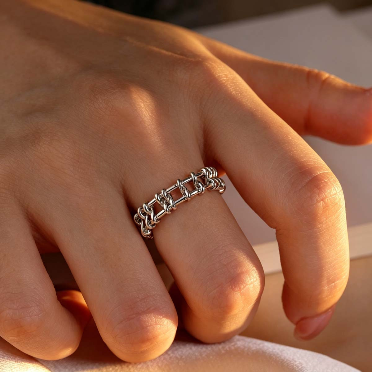 Women's Plated Chain-Link Interlinked Open Ring, Elegant Gift